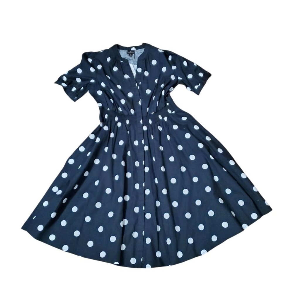 Black and White Polka Dot Flowy Button Up Short Sleeve Dress with Pockets Large